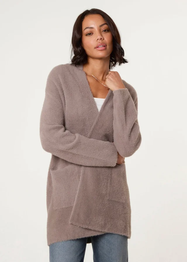 Blue Vanilla Beige Fluffy Fleece Open Midi Cardigan