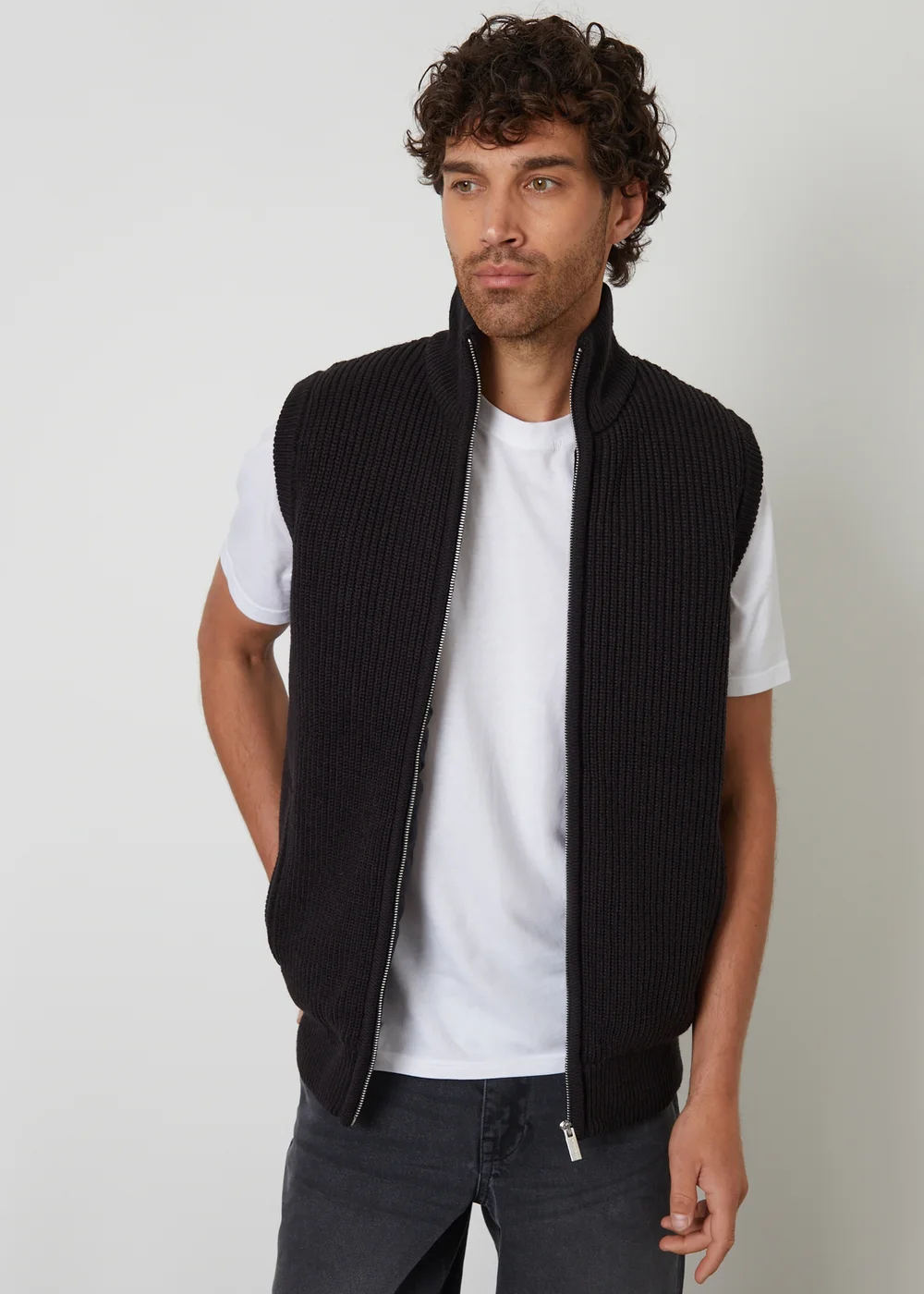 Threadbare Black Knitted Quilted Gilet With Ribbed Funnel Neck - XL Image 1