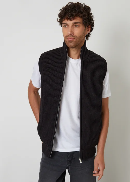 Threadbare Black Knitted Quilted Gilet With Ribbed Funnel Neck - XL Image 1