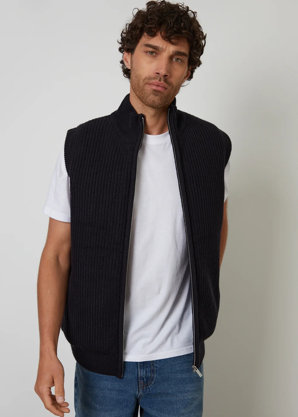 Threadbare Navy Knitted Quilted Gilet With Ribbed Funnel Neck - M Image 1