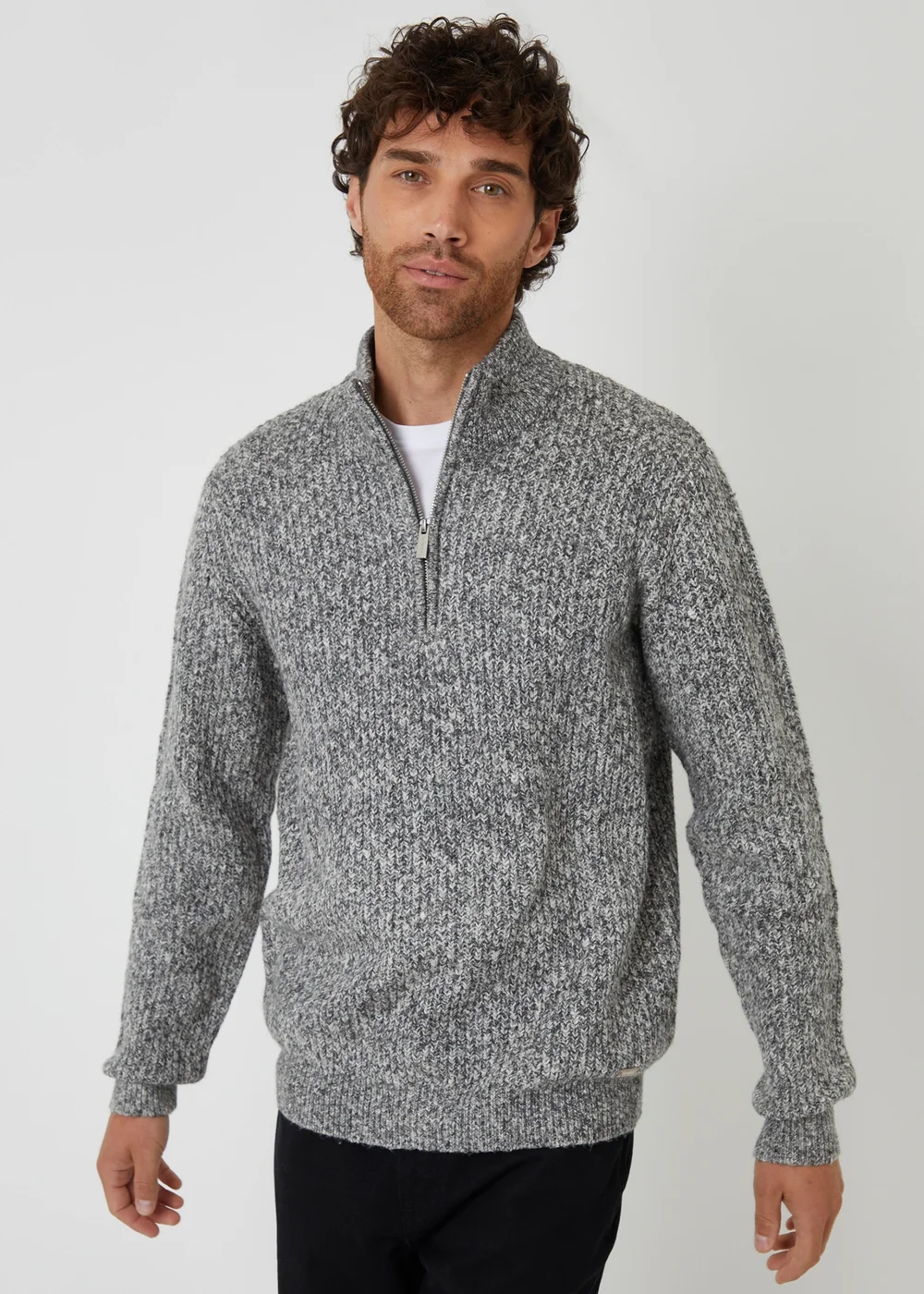 Threadbare Grey Knitted Quarter Zip Jumper - Large Image 1