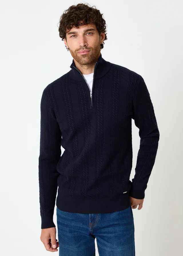 Threadbare Navy Cable Knit Quarter Zip Jumper