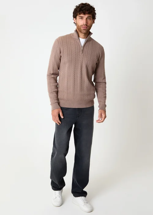 Threadbare Taupe Cable Knit Quarter Zip Jumper - Large Image 3