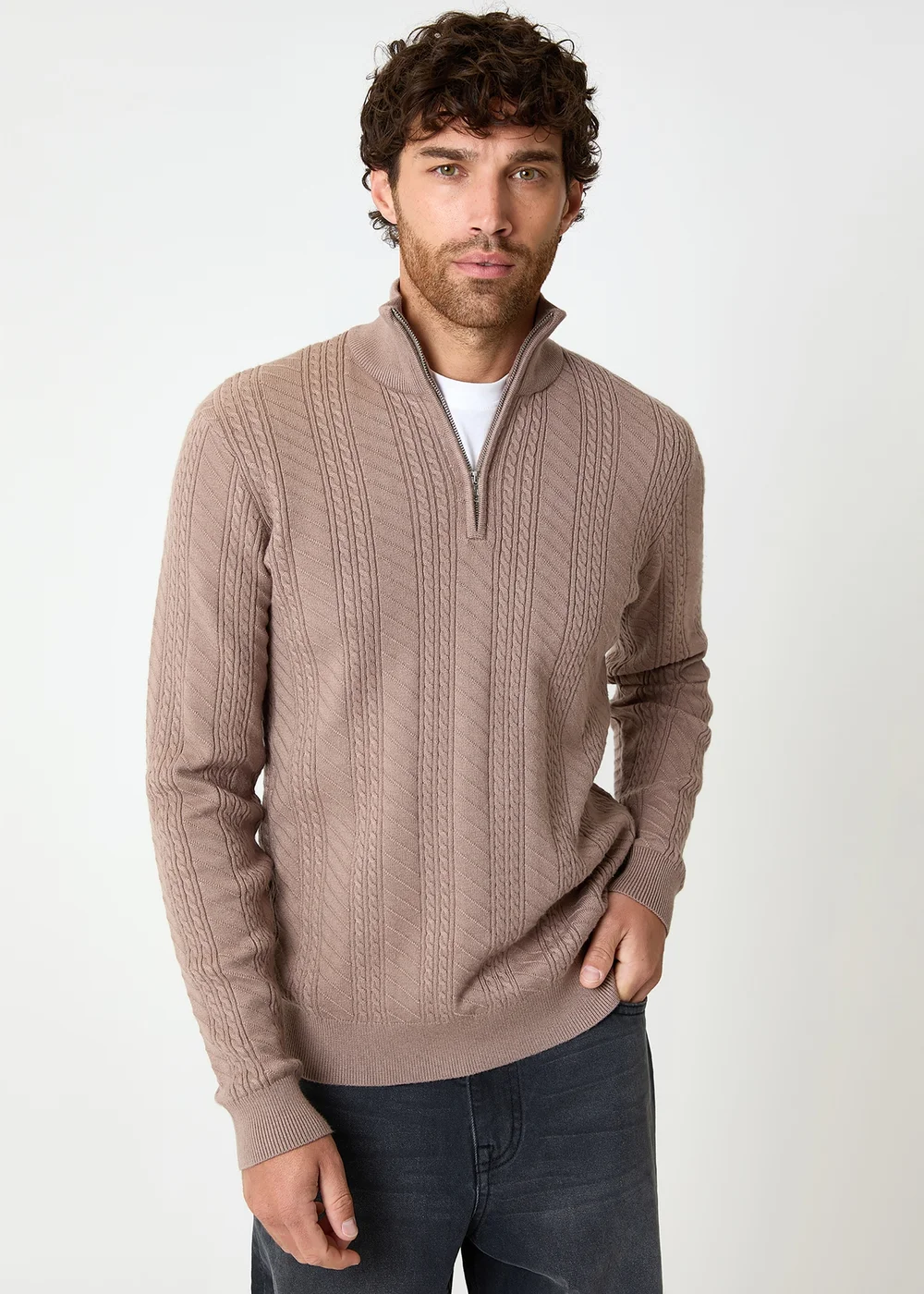 Threadbare Taupe Cable Knit Quarter Zip Jumper - Large Image 1