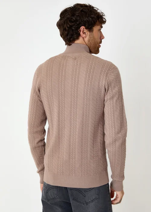 Threadbare Taupe Cable Knit Quarter Zip Jumper - Large Image 2
