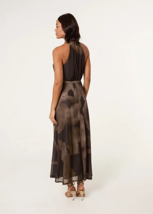 Blue Vanilla Brown Printed Mesh Halter Neck Belted Maxi Dress - M Image 4
