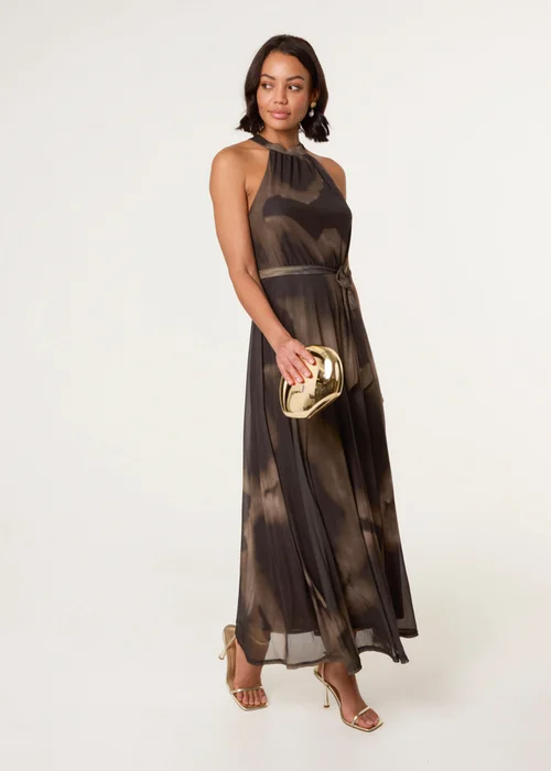 Blue Vanilla Brown Printed Mesh Halter Neck Belted Maxi Dress - M Image 1
