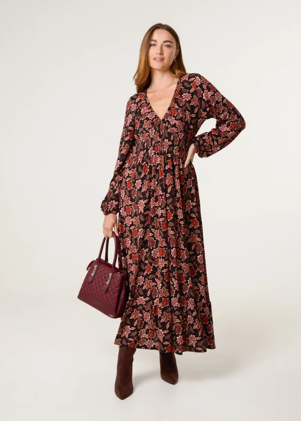 Blue Vanilla Black V Neck Shirred Long Sleeve Dress - S/M Image 1