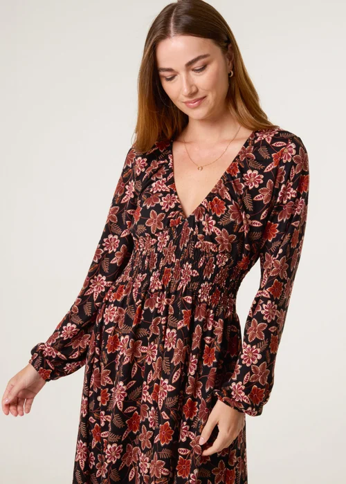 Blue Vanilla Black V Neck Shirred Long Sleeve Dress - S/M Image 2