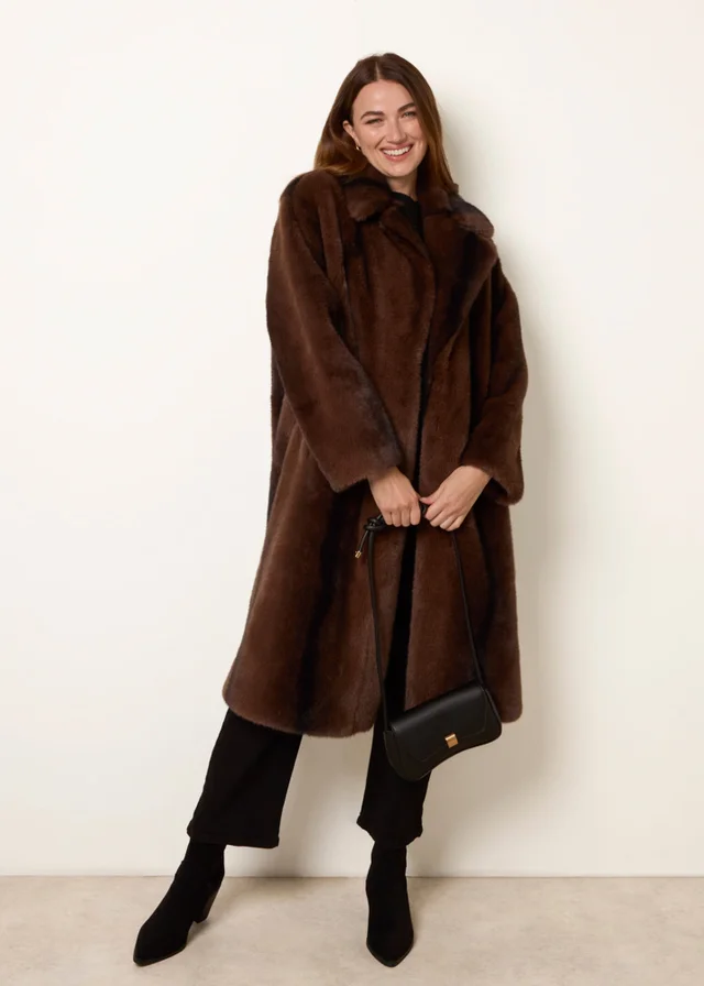 Blue Vanilla Brown Faux Fur Midi Coat