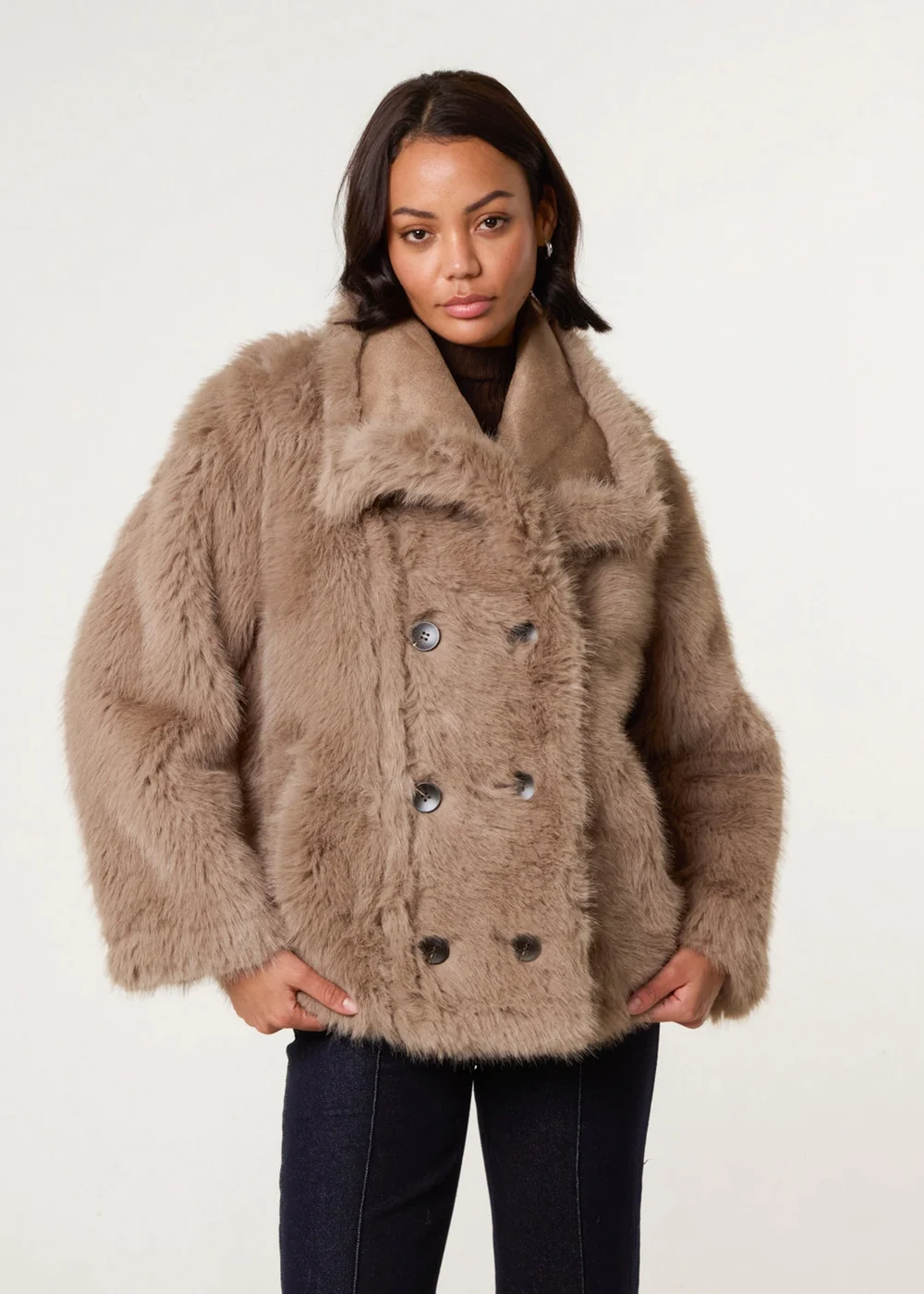 Blue Vanilla Camel Reversible Short Faux Fur Coat - M Image 1