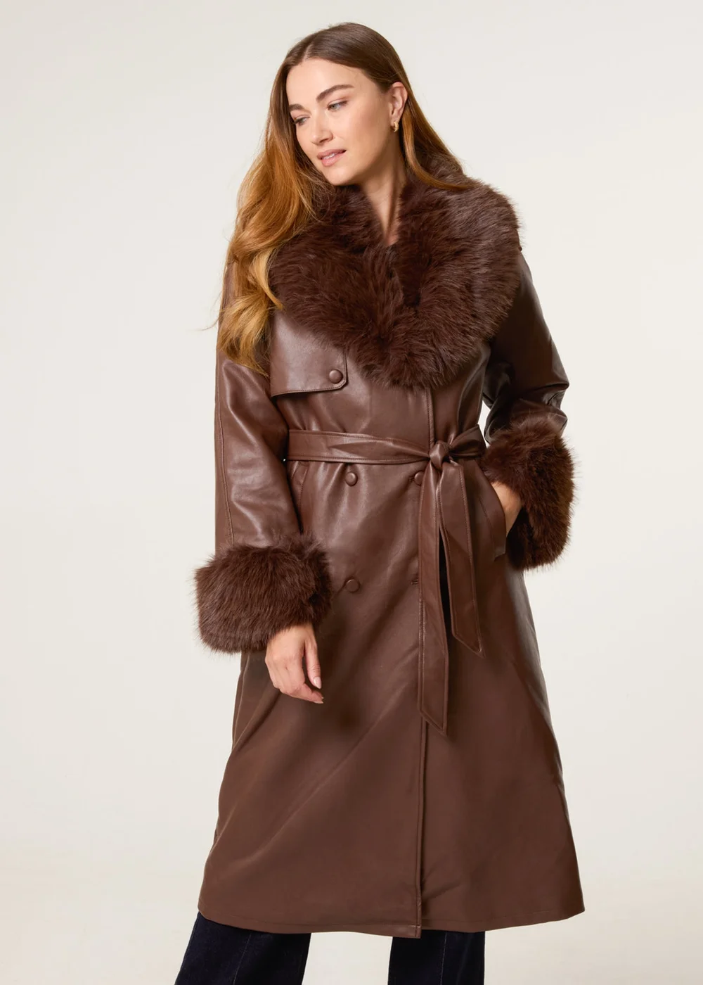 Blue Vanilla Brown Faux Fur Cuff & Collar Coat - XL Image 4