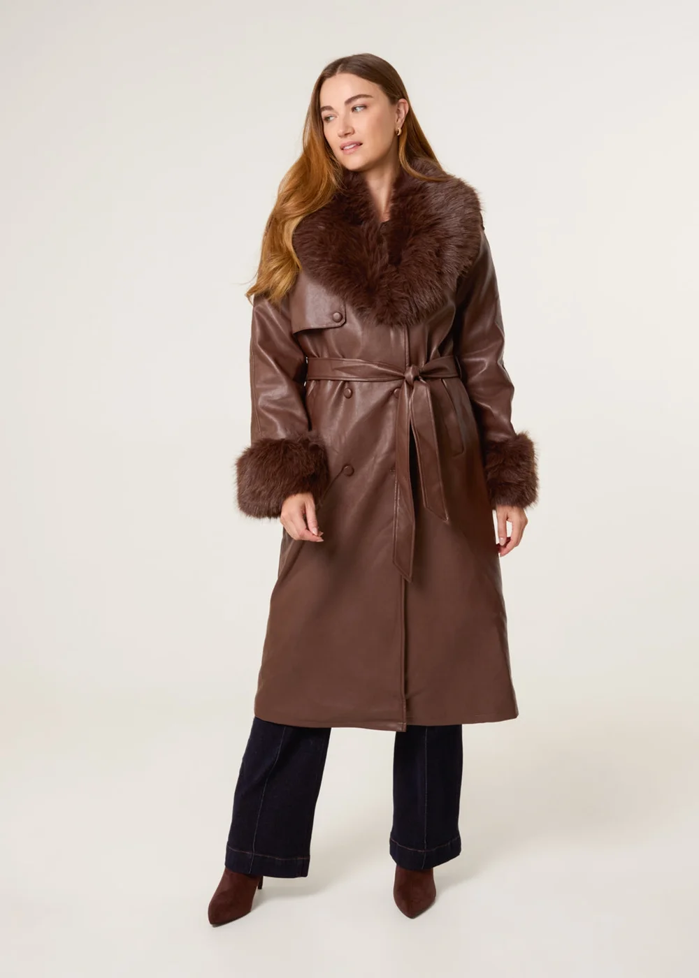 Blue Vanilla Brown Faux Fur Cuff & Collar Coat - L Image 1