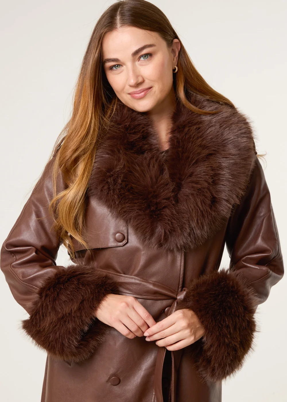 Blue Vanilla Brown Faux Fur Cuff & Collar Coat - XL Image 3