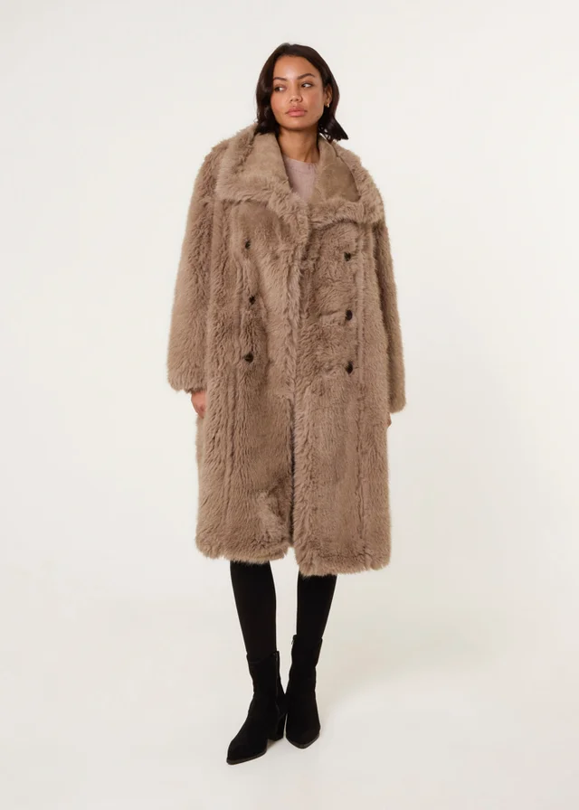 Blue Vanilla Camel Reversible Midi Faux Fur Coat