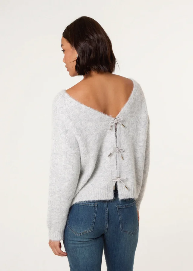 Blue Vanilla Grey Bow Knit Cardigan