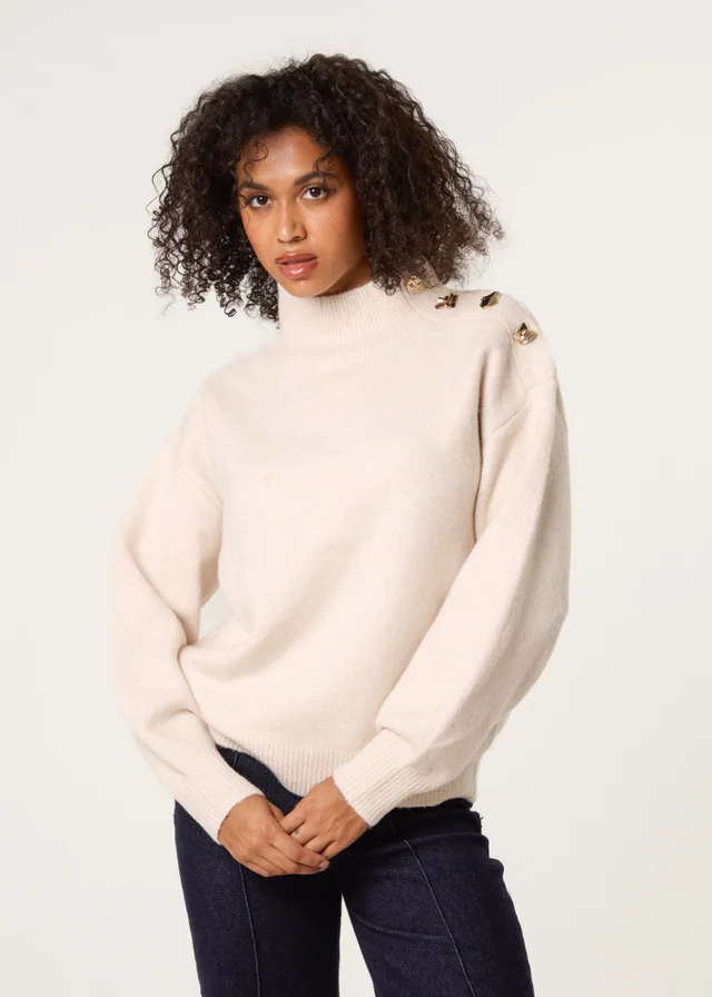 Blue Vanilla Stone Turtle Neck Shoulder Brooch Detailed Jumper