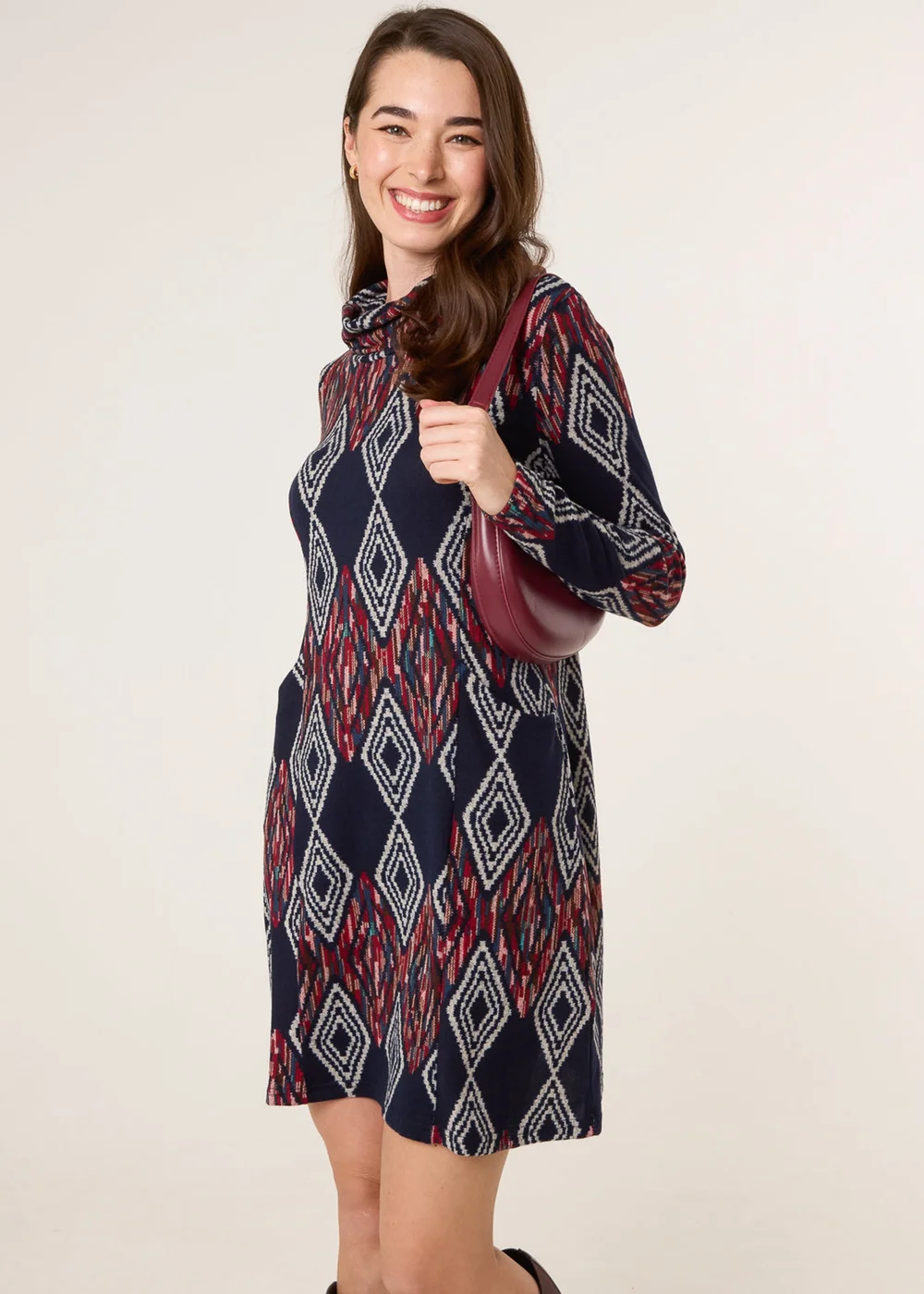 Blue Vanilla Navy Printed Draped Cowl Neck Long Sleeve Dress - M/L Image 1