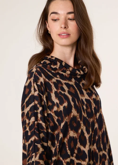 Blue Vanilla Brown Leopard Print Draped Cowl Neck Tunic Dress - L/XL Image 2