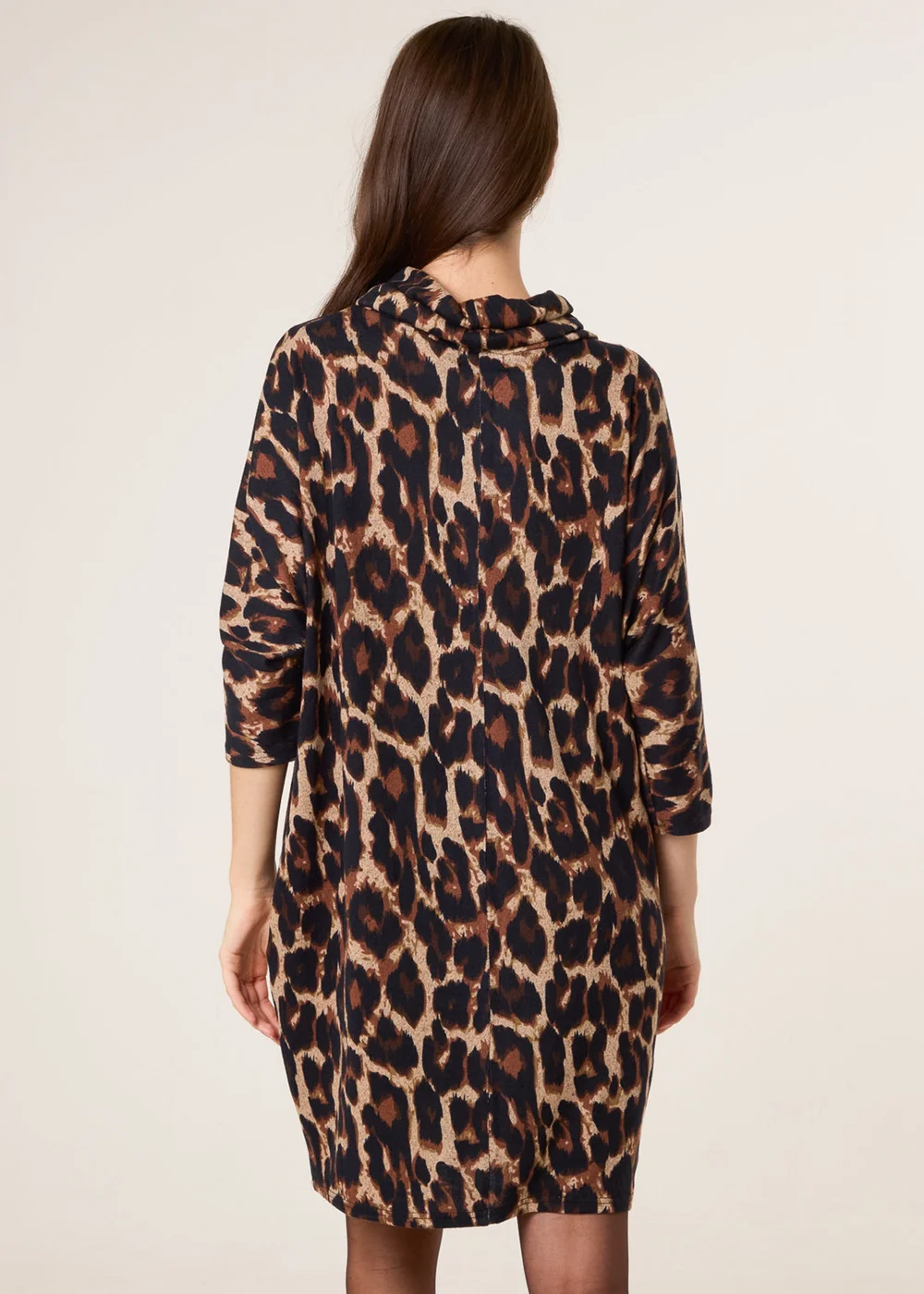 Blue Vanilla Brown Leopard Print Draped Cowl Neck Tunic Dress - L/XL Image 4
