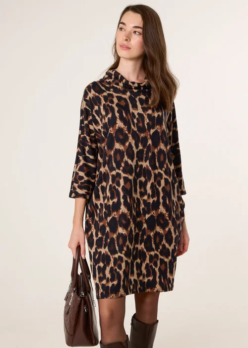 Blue Vanilla Brown Leopard Print Draped Cowl Neck Tunic Dress - L/XL Image 1