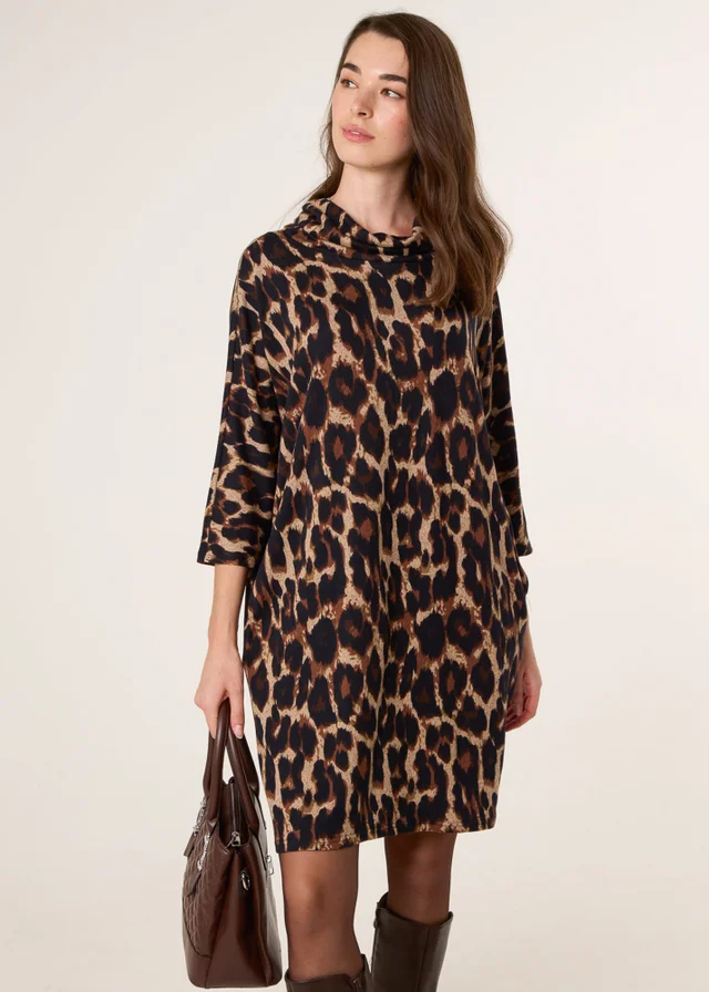 Blue Vanilla Brown Leopard Print Draped Cowl Neck Tunic Dress