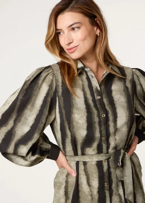 Blue Vanilla Khaki Printed Puff Sleeve Button Through Midi Dress - 8 Image 2