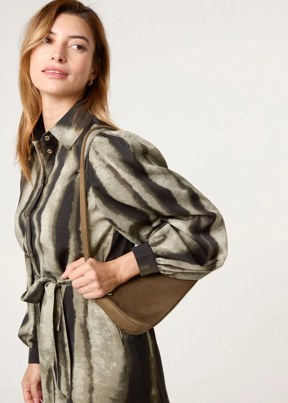 Blue Vanilla Khaki Printed Puff Sleeve Button Through Midi Dress - 8 Image 4