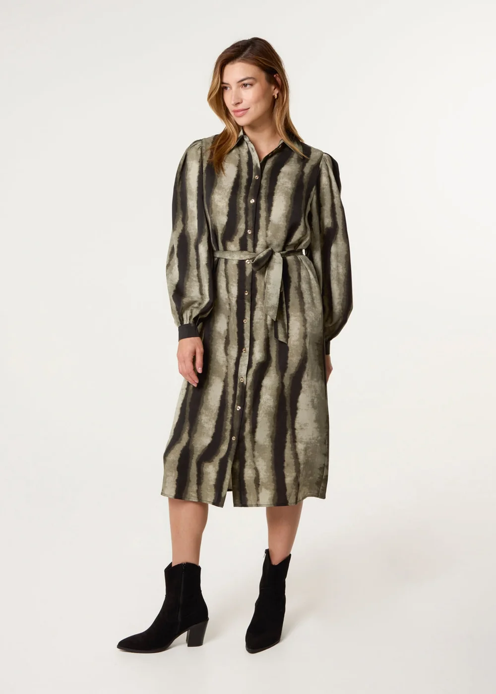 Blue Vanilla Khaki Printed Puff Sleeve Button Through Midi Dress - 8 Image 3