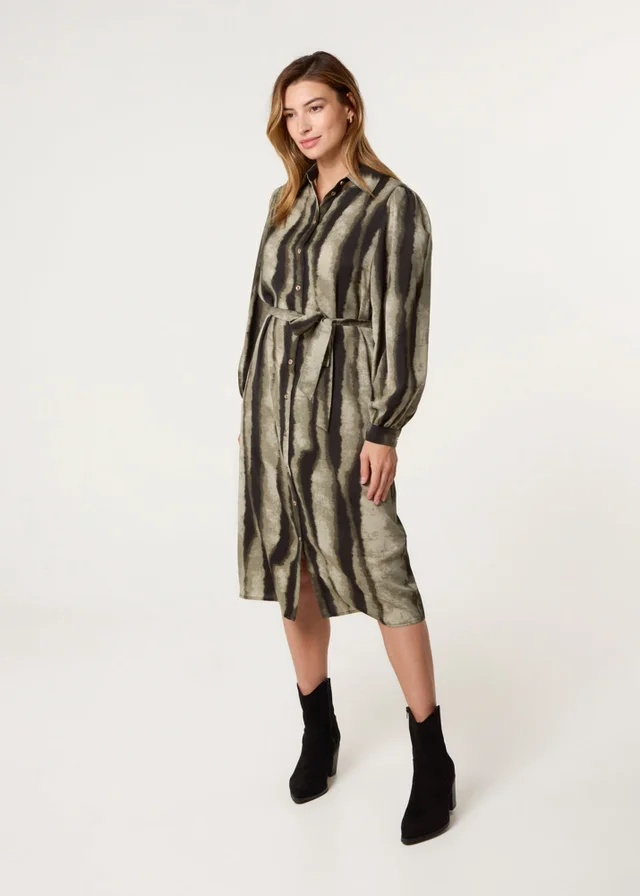 Blue Vanilla Khaki Printed Puff Sleeve Button Through Midi Dress