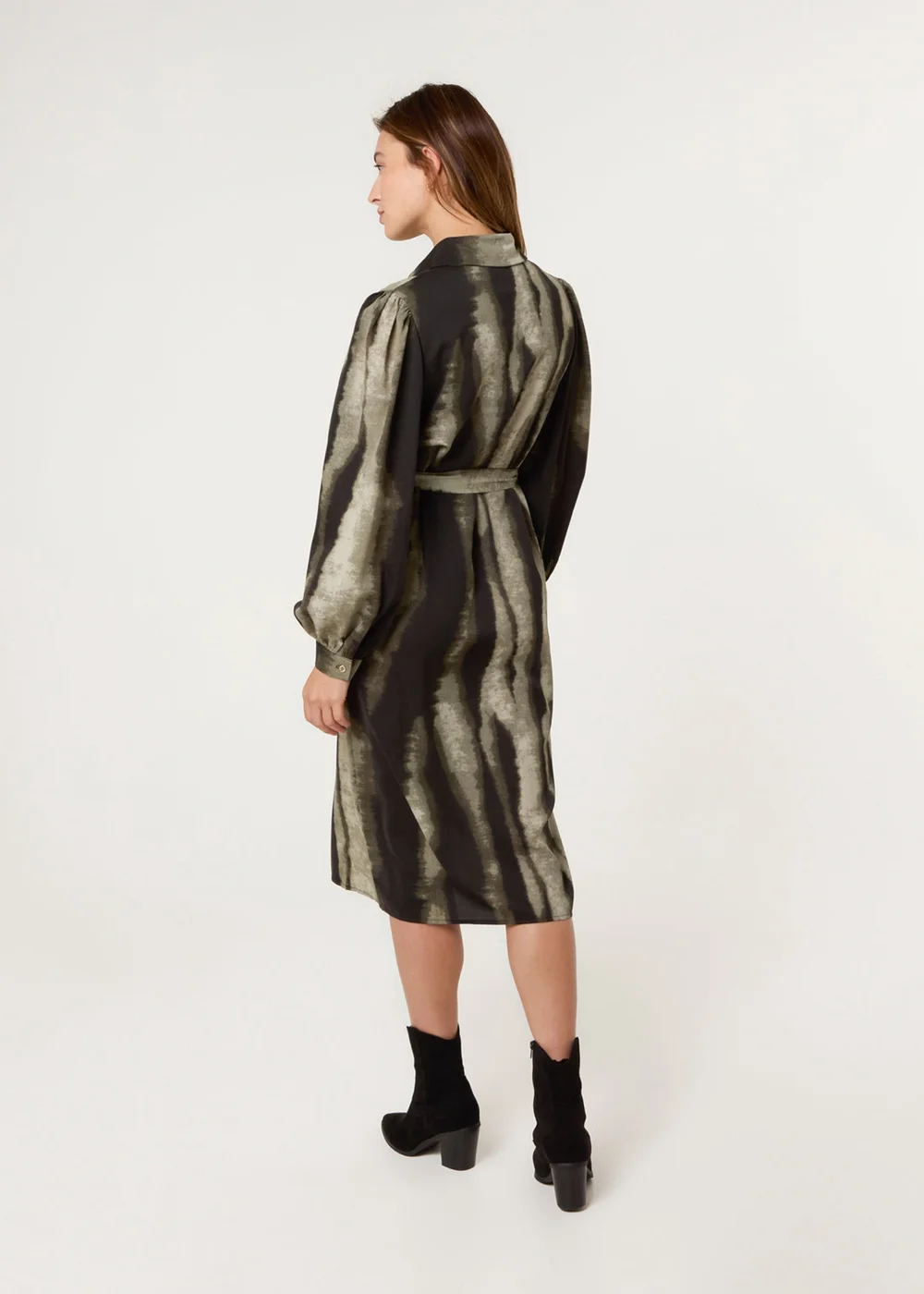 Blue Vanilla Khaki Printed Puff Sleeve Button Through Midi Dress - 8 Image 5