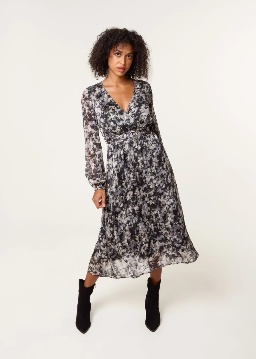 Blue Vanilla Black Printed Shimmery Buckle Belted Midi Dress - 10-12 Image 1