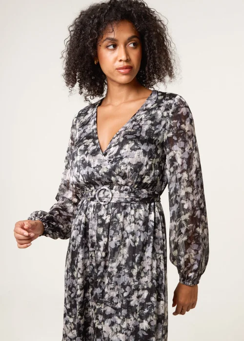 Blue Vanilla Black Printed Shimmery Buckle Belted Midi Dress - 10-12 Image 2