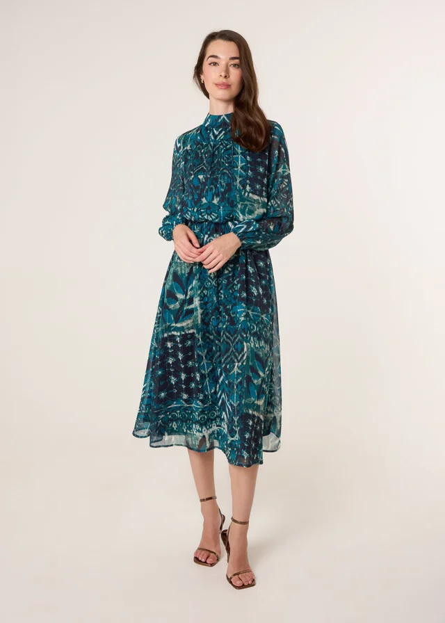 Blue Vanilla Turquoise Watercolour Paisley Puffball High Neck Midi Dress