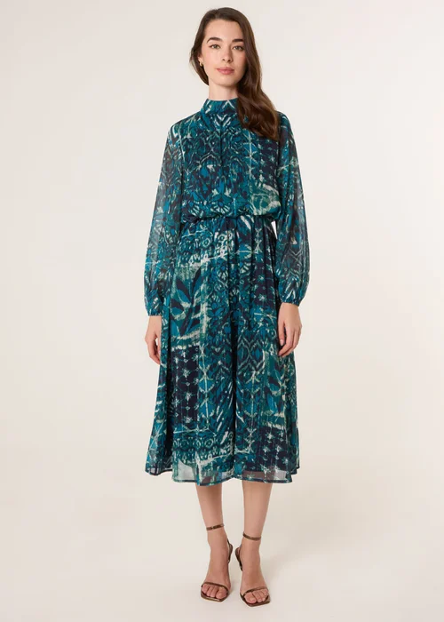 Blue Vanilla Turquoise Watercolour Paisley Puffball High Neck Midi Dress - 10 Image 3