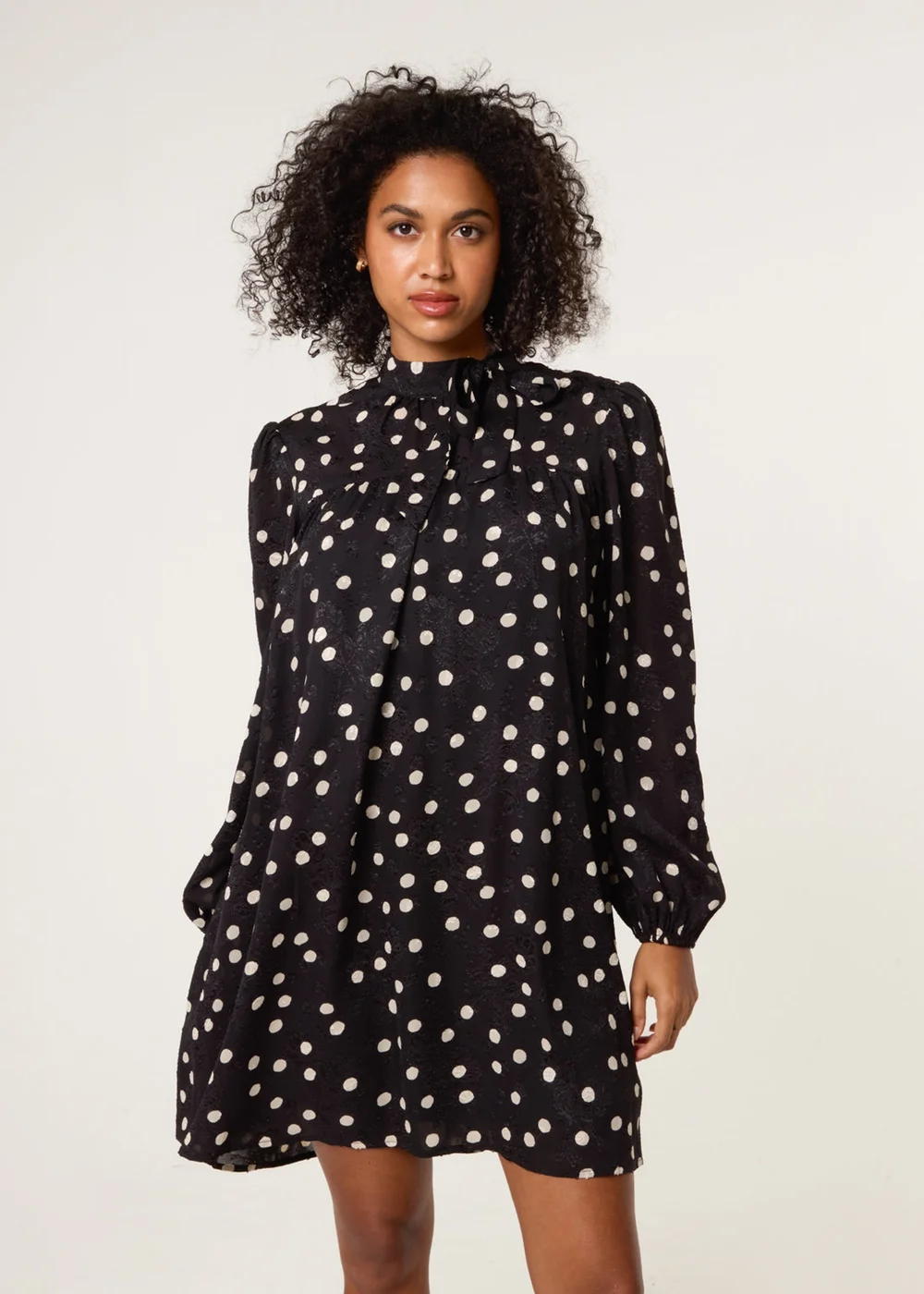 Blue Vanilla Black Polka Dot Tie Neck Smock Dress - 16 Image 1
