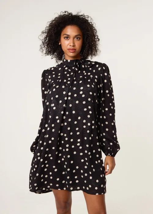Blue Vanilla Black Polka Dot Tie Neck Smock Dress - 16 Image 1