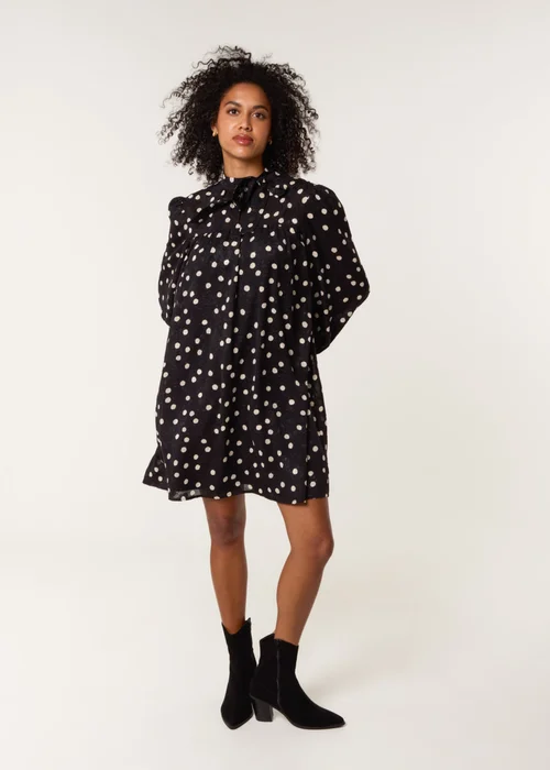Blue Vanilla Black Polka Dot Tie Neck Smock Dress - 16 Image 2