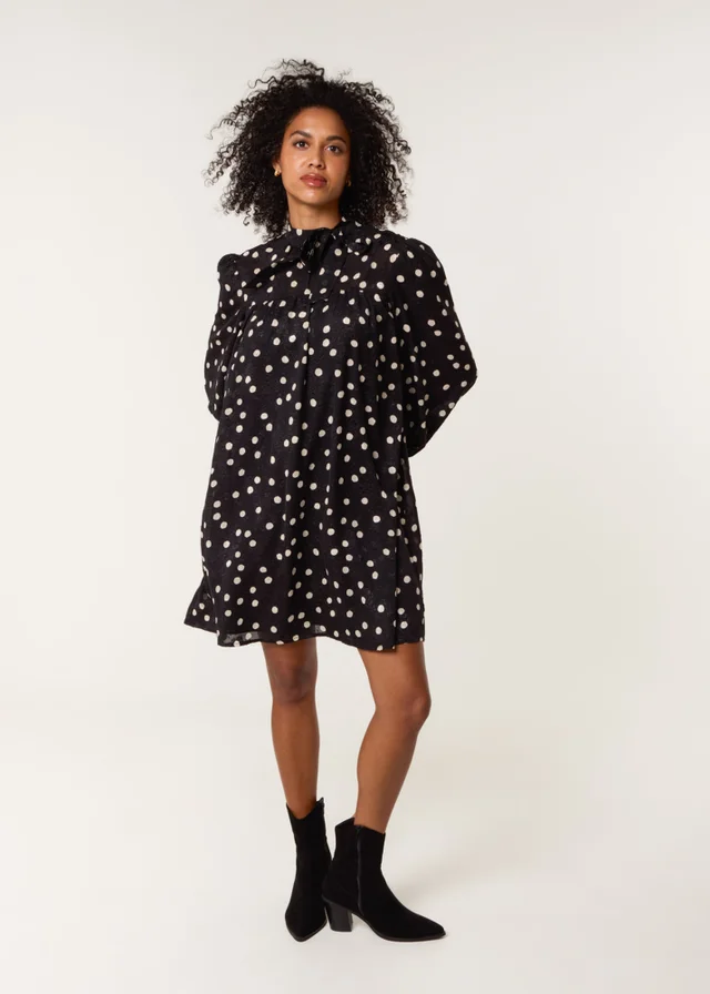 Blue Vanilla Black Polka Dot Tie Neck Smock Dress