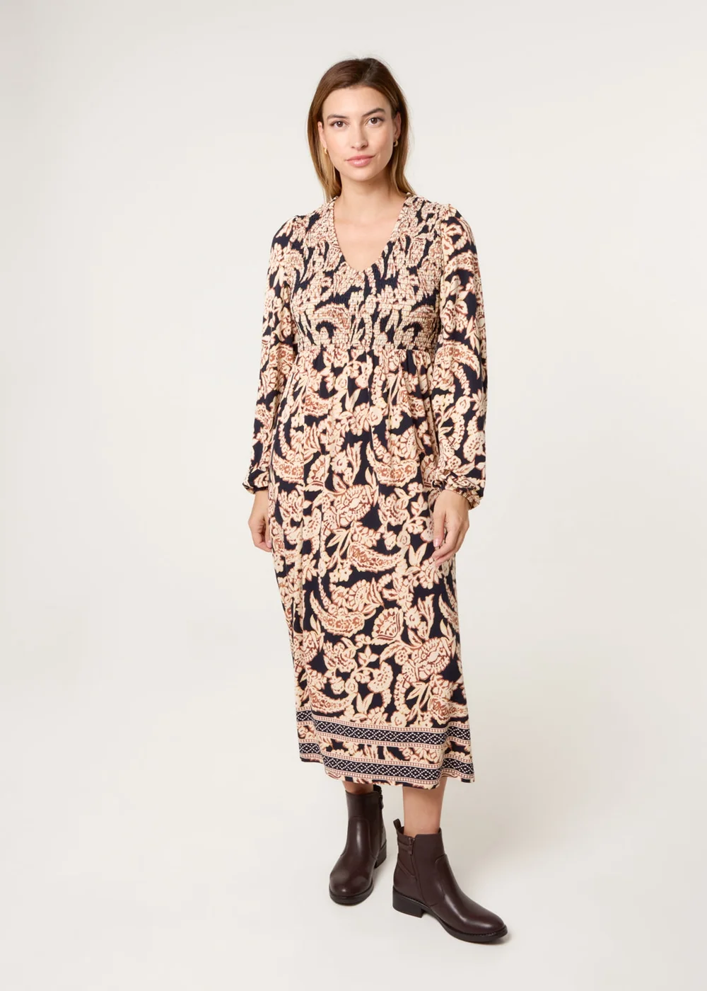 Blue Vanilla Navy V Neck Shirred Border Print Midi Dress - S/M Image 3