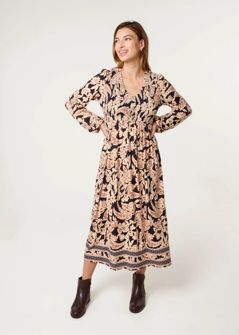 Blue Vanilla Navy V Neck Shirred Border Print Midi Dress - L/XL Image 1