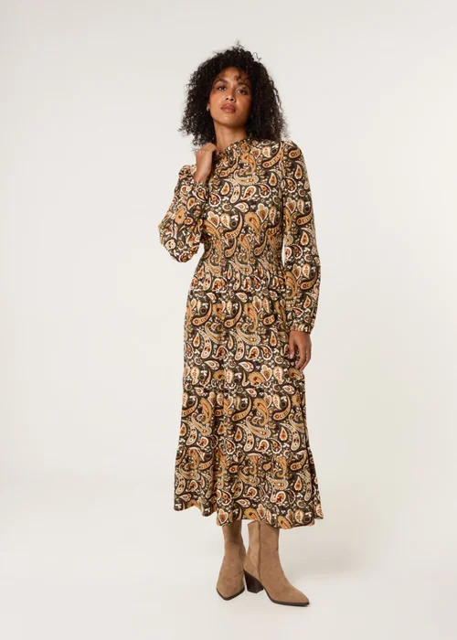 Blue Vanilla Khaki Paisley High Neck Shirred Waist Dress - S/M Image 1