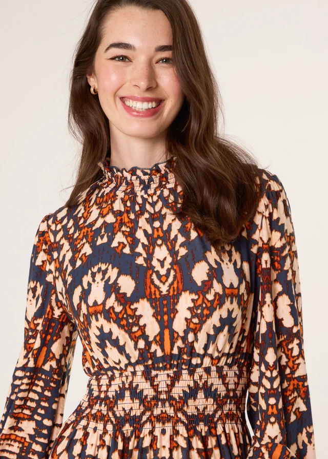 Blue Vanilla Multi Frilled Shirred High Neck Shirred Waist Dress