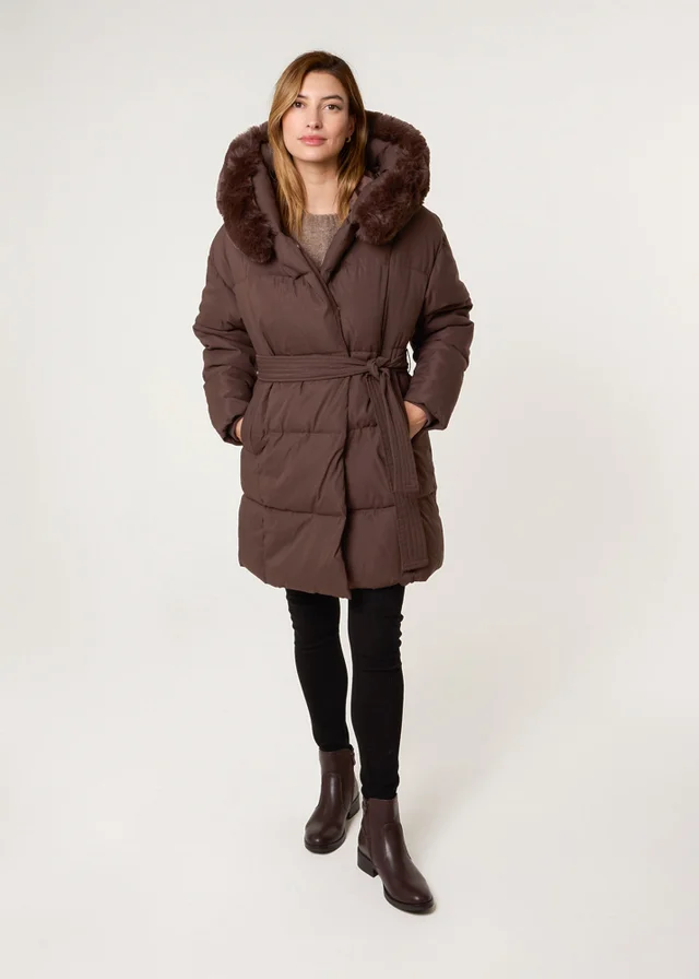 Blue Vanilla Brown Faux Fur Hood Puffer Coat