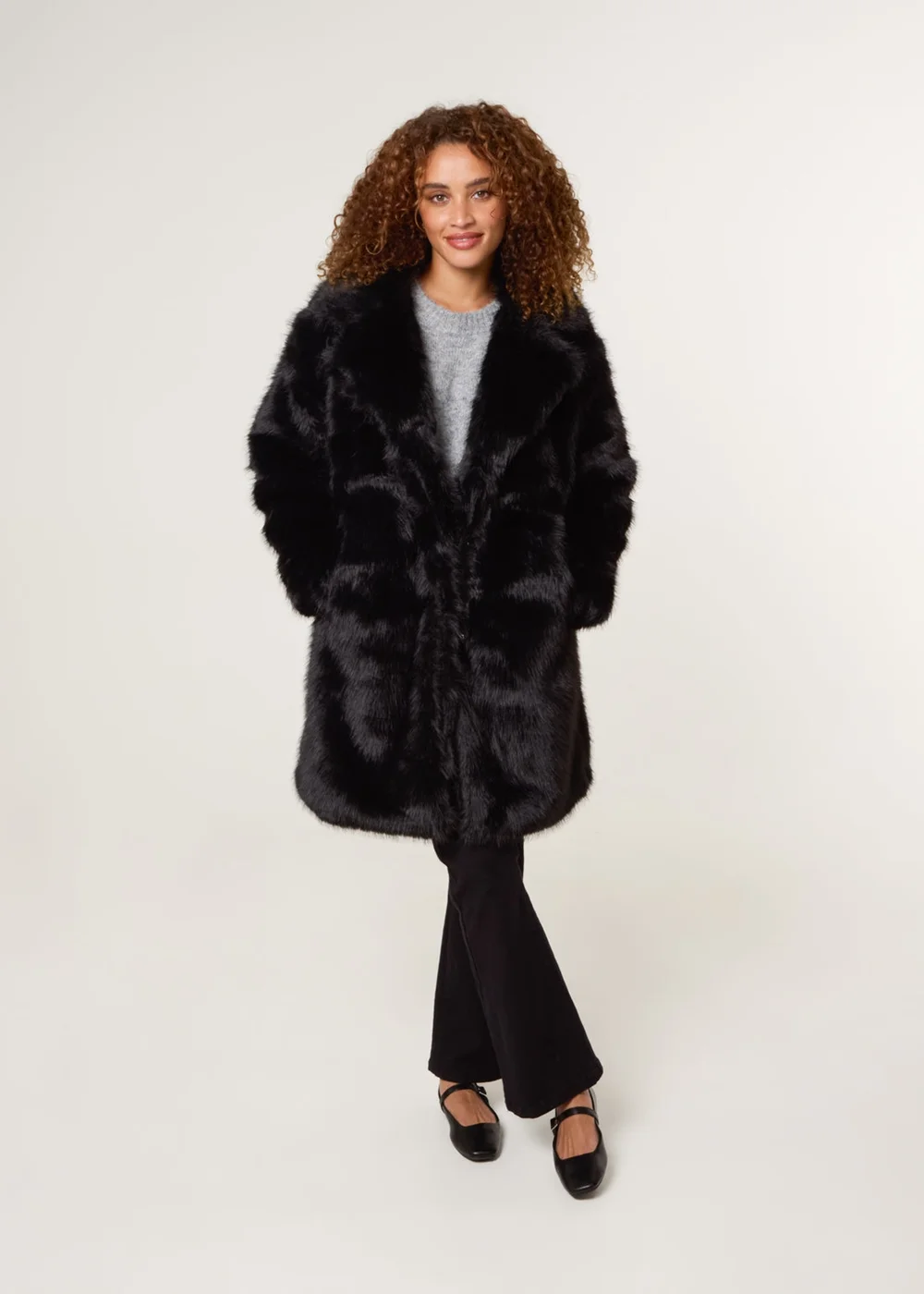 Blue Vanilla Black Faux Fur Long Coat - M Image 2