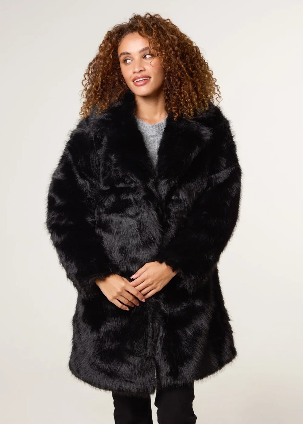 Blue Vanilla Black Faux Fur Long Coat - M Image 1