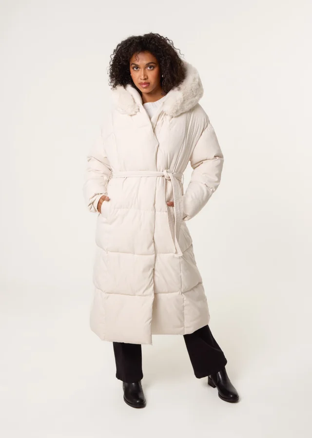 Blue Vanilla Stone Long Puffer Faux Fur Hooded Coat