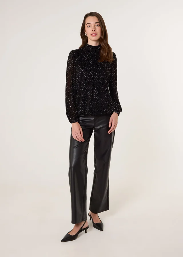 Blue Vanilla Black Rhinestone Shoulder Pad Puffball Blouse