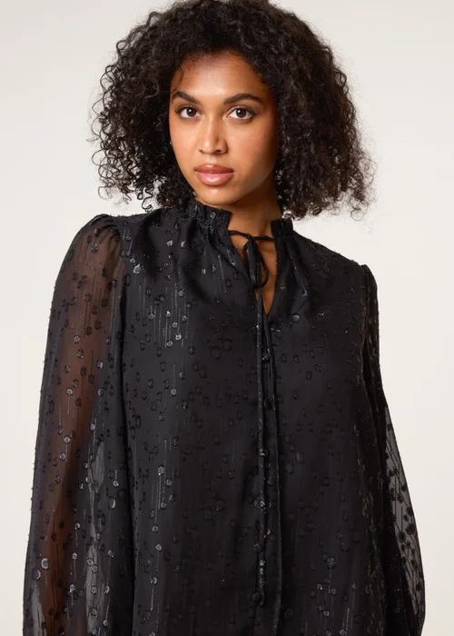 Blue Vanilla Black Jacquard Button And Tie Front Blouse - Size 10 Image 3