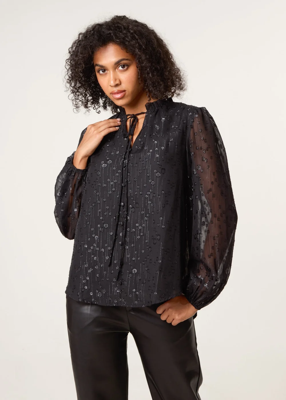 Blue Vanilla Black Jacquard Button And Tie Front Blouse - Size 10 Image 1